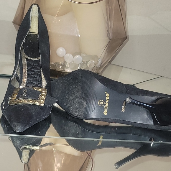 Black fau suede with gold buckle heels - Picture 2 of 2